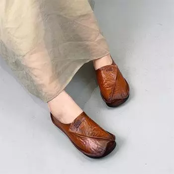 Johnature Натуральная кожа Ретро Туфли на плоской подошве Мокасины Однотонные Мягкие Подошвы Простые Женские Неглубокие Туфли Без Застежек 35 коричневый