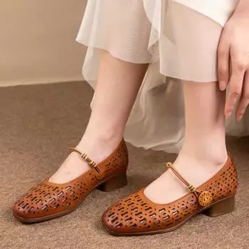 Johnature Туфли на толстом каблуке с вырезами, туфли-лодочки из натуральной кожи, универсальная удобная женская обувь на мягкой подошве 35 коричневый