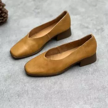 Johnature, туфли ручной работы из натуральной кожи на толстом каблуке в стиле ретро, повседневные универсальные женские туфли-лодочки из воловьей кожи на среднем каблуке 35 коричневый