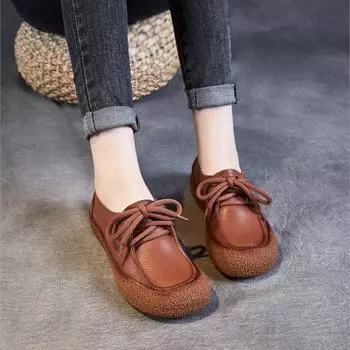 Johnature Handmade Натуральная кожа Мягкая подошва Туфли Ретро Круглый носок Шнуровка Мягкая коровья кожа Женские туфли на плоской подошве 38 бледно-розовый