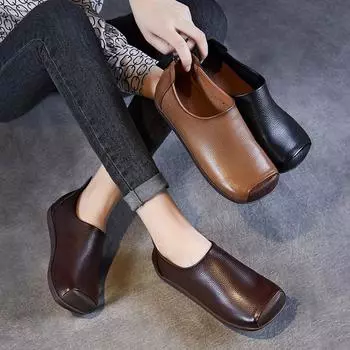 Туфли из натуральной кожи Johnature с квадратным носком, ручной работы, в стиле ретро, на плоской подошве, повседневные женские туфли 35 абрикосовый