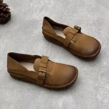 Johnature, туфли ручной работы на плоской подошве из натуральной кожи в стиле ретро, повседневные лоферы с круглым носком, универсальная женская обувь из мягкой воловьей кожи 35 хаки