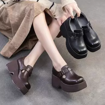 Женские туфли-лодочки Johnature из натуральной кожи с квадратным носком, простые, повседневные, удобные, на толстой подошве, на платформе 34 чёрный