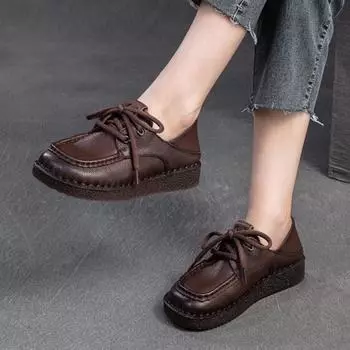 Johnature Натуральная кожа Ретро Круглый носок Шнуровка Мягкая подошва Универсальные однотонные женские туфли на плоской подошве 35 чёрный