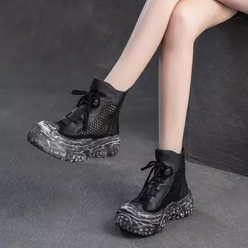 Johnature Удобная женская обувь из натуральной кожи на толстой подошве. Универсальные летние ботинки в стиле ретро с вырезами. 35 чёрный