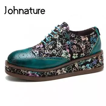 Johnature, удобная женская обувь ручной работы на плоской платформе, с круглым носком, на толстой подошве, на толстой подошве, с цветочным принтом в стиле ретро 36 зелёный