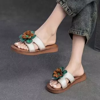 Johnature, удобные уличные тапочки на плоской подошве в стиле ретро с цветочным узором, универсальная повседневная женская обувь из натуральной кожи 35 бежевый
