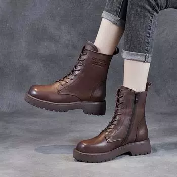 Johnature Укороченные сапоги на толстой подошве из натуральной кожи в стиле ретро, удобные женские сапоги до середины голени 35 коричневый