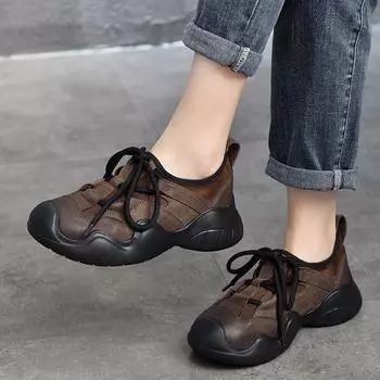 Johnature, уличная повседневная женская обувь из натуральной кожи, кроссовки в стиле ретро с круглым носком, на мягкой подошве, на шнуровке 35 кофейный