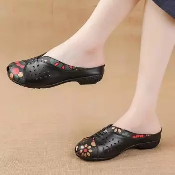 Johnature, уличные шлепанцы из натуральной кожи с принтом в этническом стиле, женские универсальные шлепанцы ручной работы на низком каблуке 35 чёрный