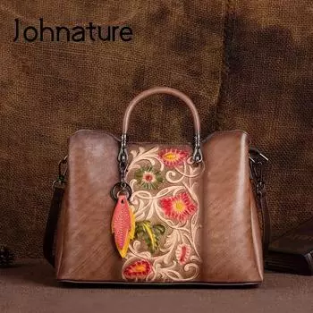 Johnature универсальная сумка из натуральной кожи, женская сумка, винтажная сумка-мессенджер из натуральной коровьей работы ручной работы с тиснением на плечо коричневый