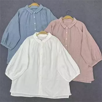 Johnature универсальные летние свободные рубашки с тонкими рукавами реглан японские однобортные топы с рукавами три четверти One Size розовый