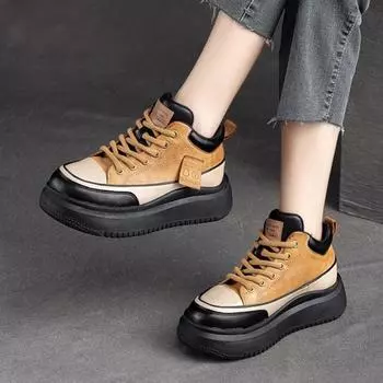 Johnature универсальные модные разноцветные женские туфли на плоской платформе с круглым носком и шнуровкой на толстой подошве 35 чёрный