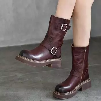 Johnature, универсальные рыцарские сапоги в стиле ретро с пряжкой на ремне, плюшевые теплые женские ботинки до середины икры из воловьей кожи