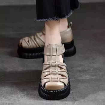 Johnature/универсальные сандалии из натуральной кожи в стиле ретро на толстой подошве, высокие сандалии в римском стиле, женская обувь на платформе 34 бежевый