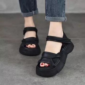 Johnature универсальные сандалии из натуральной кожи с открытым носком, удобная женская обувь в стиле ретро на толстой подошве на липучке 40 чёрный