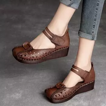 Johnature универсальные сандалии из натуральной кожи с отверстиями в стиле ретро, удобная женская обувь на танкетке на липучке 36 бежевый