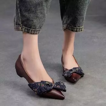 Johnature универсальные туфли-лодочки из натуральной кожи, модная женская обувь без шнуровки на низком каблуке с острым носком и бантом 35 верблюд