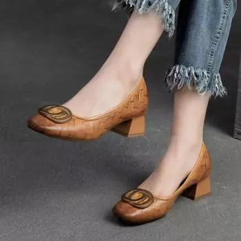 Johnature универсальные туфли-лодочки с металлической пряжкой на толстом каблуке, модная женская обувь на каблуке из натуральной кожи с квадратным носком 35 чёрный