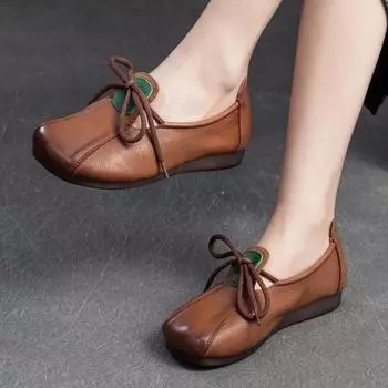 Johnature, универсальные туфли на плоской подошве из натуральной кожи в стиле ретро, однотонные женские туфли без шнуровки на мягкой подошве с круглым носком 35 чёрный