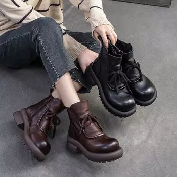 Johnature Универсальные женские туфли Ретро Натуральная кожа Круглый носок Толстая подошва Короткие сапоги 35 чёрный