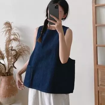 Johnature универсальные жилеты без рукавов, летние повседневные простые свободные женские топы с круглым вырезом и карманами One Size синий