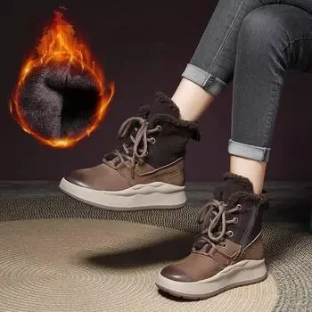 Johnature утолщенные теплые хлопковые сапоги, женские плюшевые короткие сапоги в стиле ретро с круглым носком на толстой подошве и шнуровке