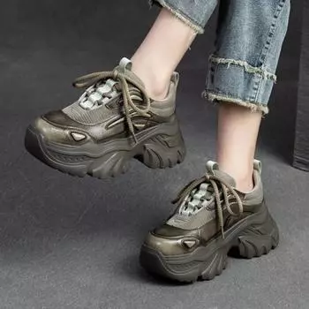 Johnature/увеличенная обувь из натуральной кожи в стиле ретро, модные универсальные кроссовки на платформе с толстой подошвой, женская обувь 35 чёрный