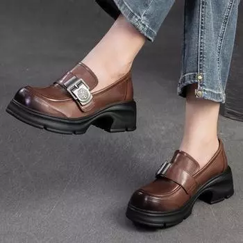 Johnature Увеличивающие рост Лоферы Натуральная кожа Удобные туфли-лодочки Универсальные повседневные женские туфли на платформе 35 чёрный