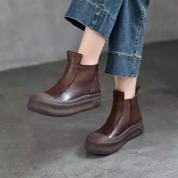 Johnature Versatile Thick Soled Genuine Leather Short Boots Side Zipper Autumn/winter Retro Women s Flat Platform Shoes 35 коричневый