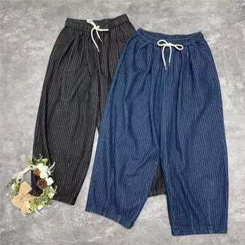 Johnature Vertical Striped Brushed Jeans Japanese Autumn Winter Korean Loose Versatile Casual Stripes Wide-leg Women Pants One Size чёрный