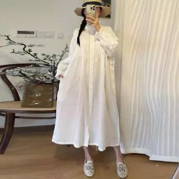Johnature Весенние тонкие однотонные плиссированные женские платья повседневные винтажные оборки воротник свободные белые женские платья One Size белый
