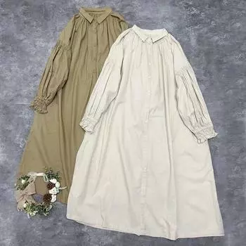 Johnature Весенние женские платья Повседневное простое свободное платье с длинными рукавами и отложным воротником с рюшами и рукавами One Size хаки
