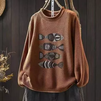 Johnature Весенние женские повседневные свитера-пуловеры с круглым вырезом и длинным рукавом, вязаные мягкие винтажные свитера с принтом рыбы One Size