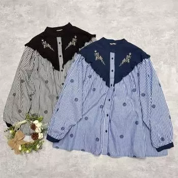 Johnature Весенняя японская вышитая полосатая рубашка с отделкой в виде грибка, свободные повседневные женские топы в стиле пэчворк One Size синий