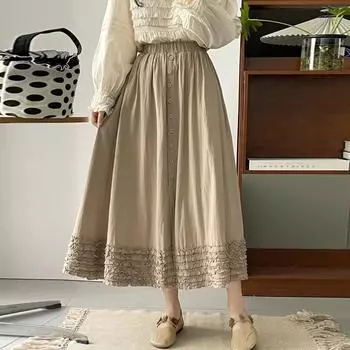Johnature Весенняя юбка-грибок с пуговицами, японская юбка Mori с эластичной талией, двойная кружевная строчка, повседневные женские юбки One Size бежевый