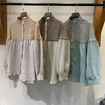 Johnature Весна Осень Клетчатая Рубашка Женская Универсальная Грибок Стоячий Воротник Кукла Повседневная Свободная Рубашка Женская One Size светло-зеленый