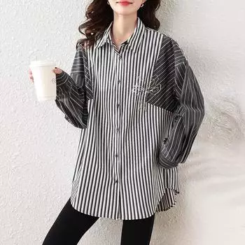Johnature Весна Осень Поло с Воротником Полосатая Сшитая Рубашка с Длинными Рукавами Топы Повседневные Простые Свободные Нерегулярные Женские Топы M серый
