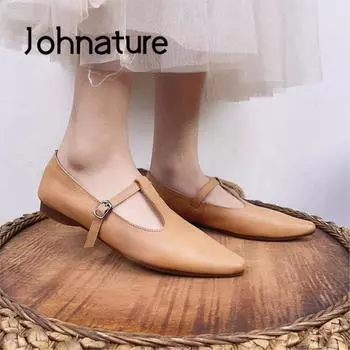 Johnature Весна Женская обувь Натуральная кожа Базовые повседневные туфли-лодочки с острым носком и пряжкой на ремешке 35 коричневый