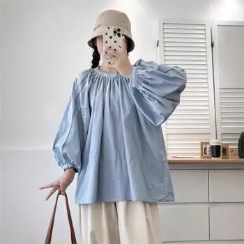 Johnature Vintage Embroidery Pleated Round Neck Top Women Spring Patchwork Cut-out Balloon Sleeve Shirts Women One Size