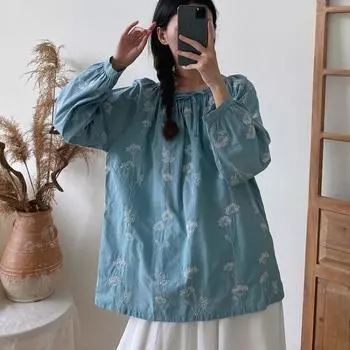 Johnature Vintage Embroidery Tops Blouses Spring Autumn Casual Full Sleeve Female Shirts One Size синий