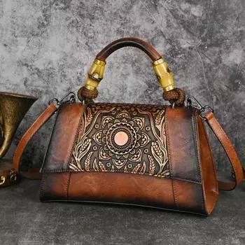 Винтажная сумка Johnature, женская сумка ручной работы из кожи с резьбой, универсальные сумки большой вместимости через плечо и через плечо бежевый