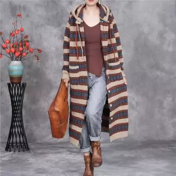 Johnature Vintage Style Contrast Stripes Hooded Knit Coat Women Autumn Fashion Long Sleeves Chinese Style Coat One Size хаки