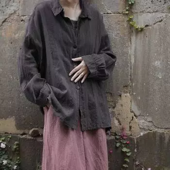 Johnature Винтаж Повседневная однотонная полосатая жаккардовая рубашка Женская Осенняя свободная однобортная рубашка One Size