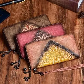 Johnature Vintage Embossing Натуральная кожа Длинный женский кошелек Multi-card Position Clutch Bags Wallet Card Holder Кошелек коричневый