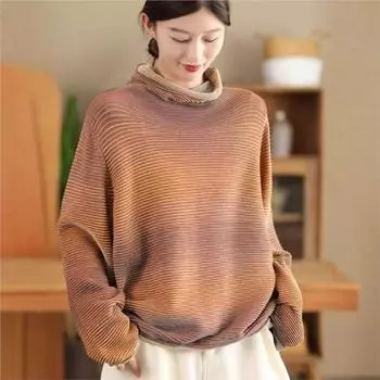 Johnature Винтаж Водолазка Длинные рукава Свободный свитер Женский Зимний Полосатый Дизайн Китайский Стиль Повседневный свитер One Size