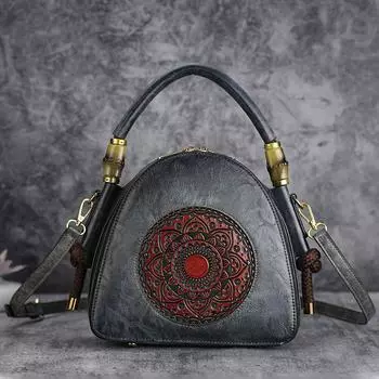 Johnature Винтажная тисненая сумка из кожи ручной работы для женщин Большая вместимость через плечо и через плечо бежевый