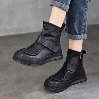 Johnature Винтажная обувь из натуральной кожи ручной работы, короткие ботинки с круглым носком, повседневная универсальная женская обувь 35 чёрный