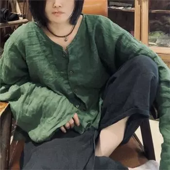 Johnature Винтажная однотонная рубашка с длинными рукавами, женская зимняя модная однобортная рубашка в китайском стиле One Size бежевый