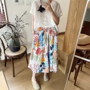 Johnature Винтажная простая однотонная юбка, женские свободные летние повседневные простые женские юбки с эластичной резинкой на талии и цветочным принтом One Size